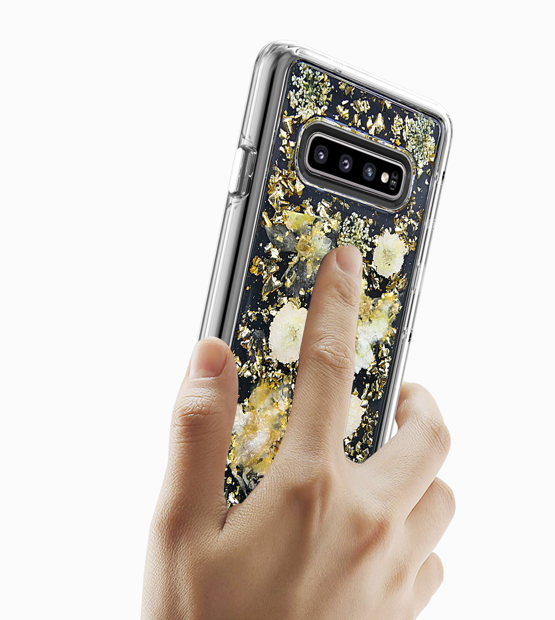 Galaxy S10+ (Plus) Luxury GLITTER Dried Natural Flower Petal Clear Hybrid Case (Gold Yellow)